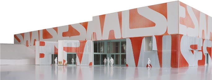 Umbau Supermarkt zum Dorfgemeinschaftshaus: Außenansicht Modell M1:50¬¬