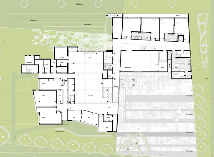 MARIE-2 Rau–Barrierefreie Architektur Familienzentrum und Kindertagesstätte Marienfelde: Lageplan mit Grundriss Erdgeschoss